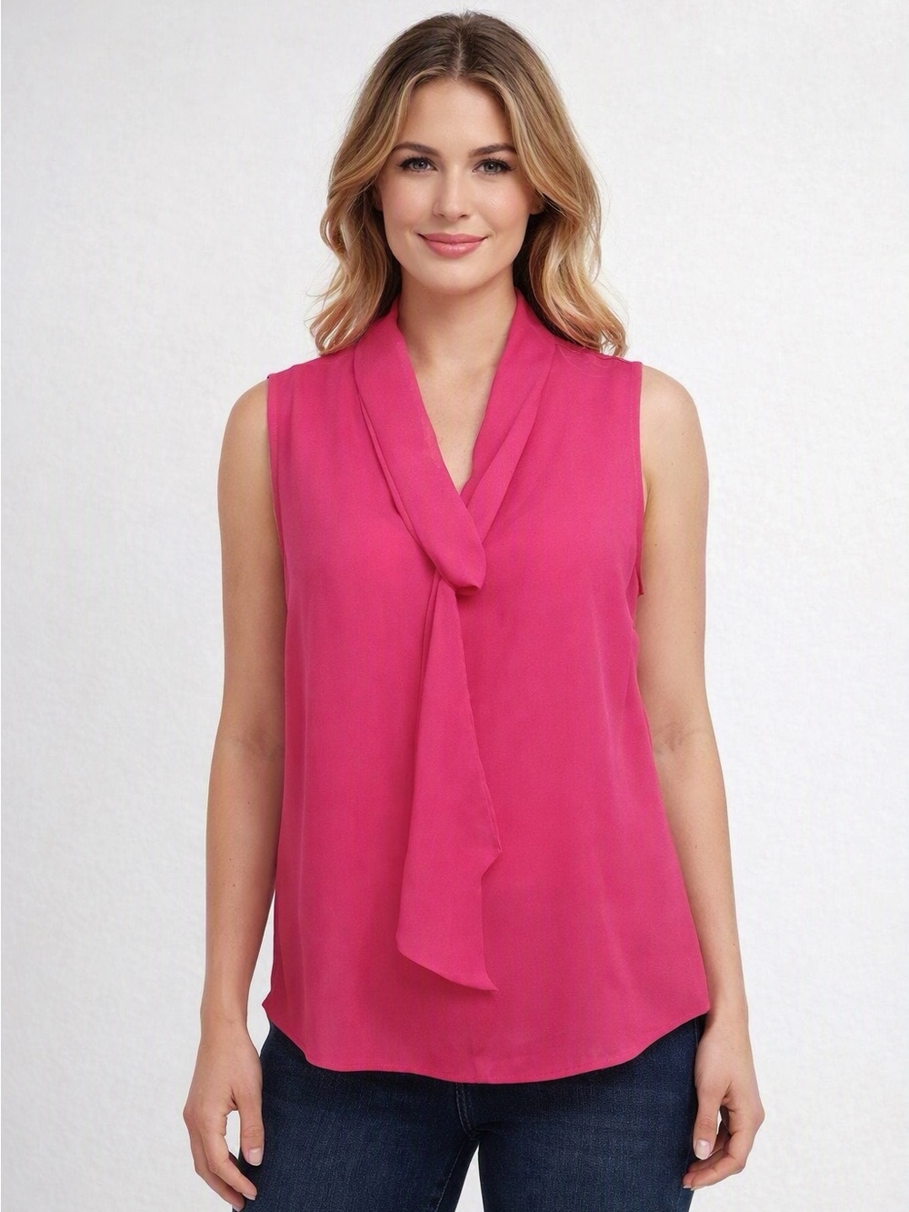 NWT DKNY Pink Front Sash Tie Collar Sleeveless Blouse Size Small